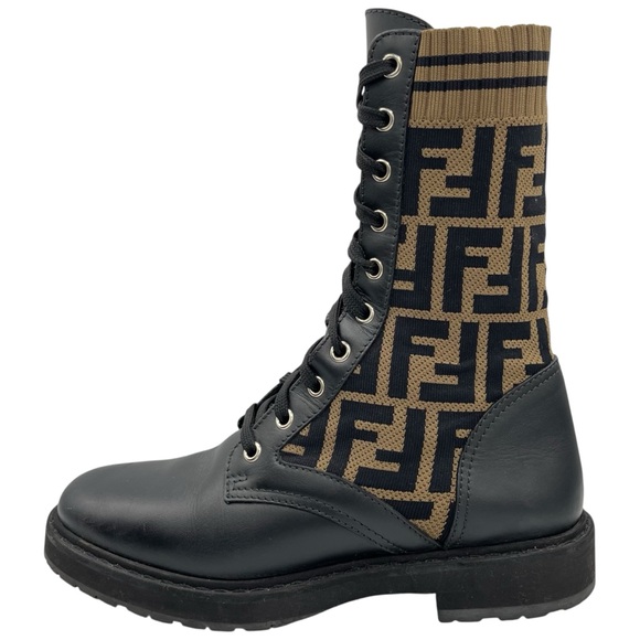 Fendi Shoes - Fendi FF Rockoko Stretch Fabric Black Leather Combat Biker Boots EU 37 US 7